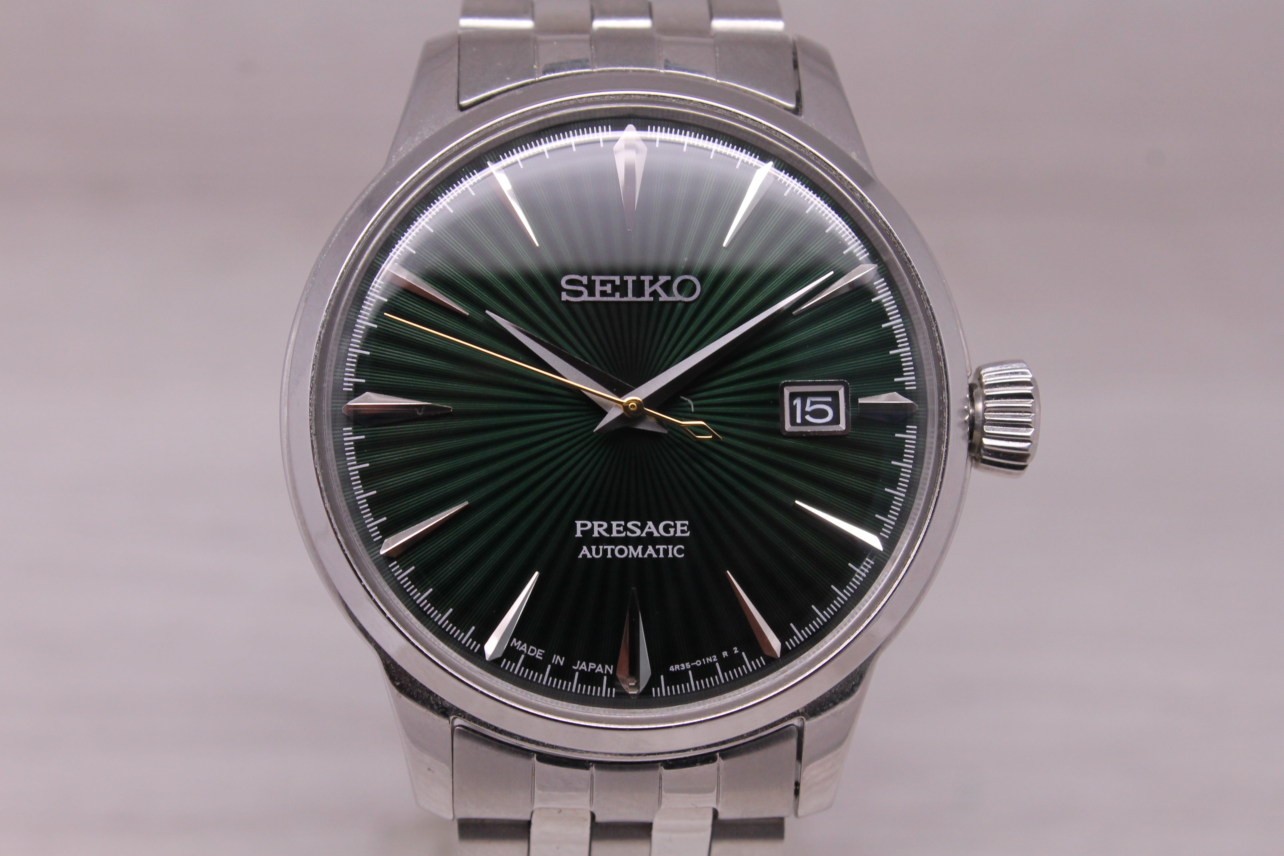 Seiko Presage Mens Watch 40.5mm Steel Swiss Date Auto Green Dial SRPE15 Box