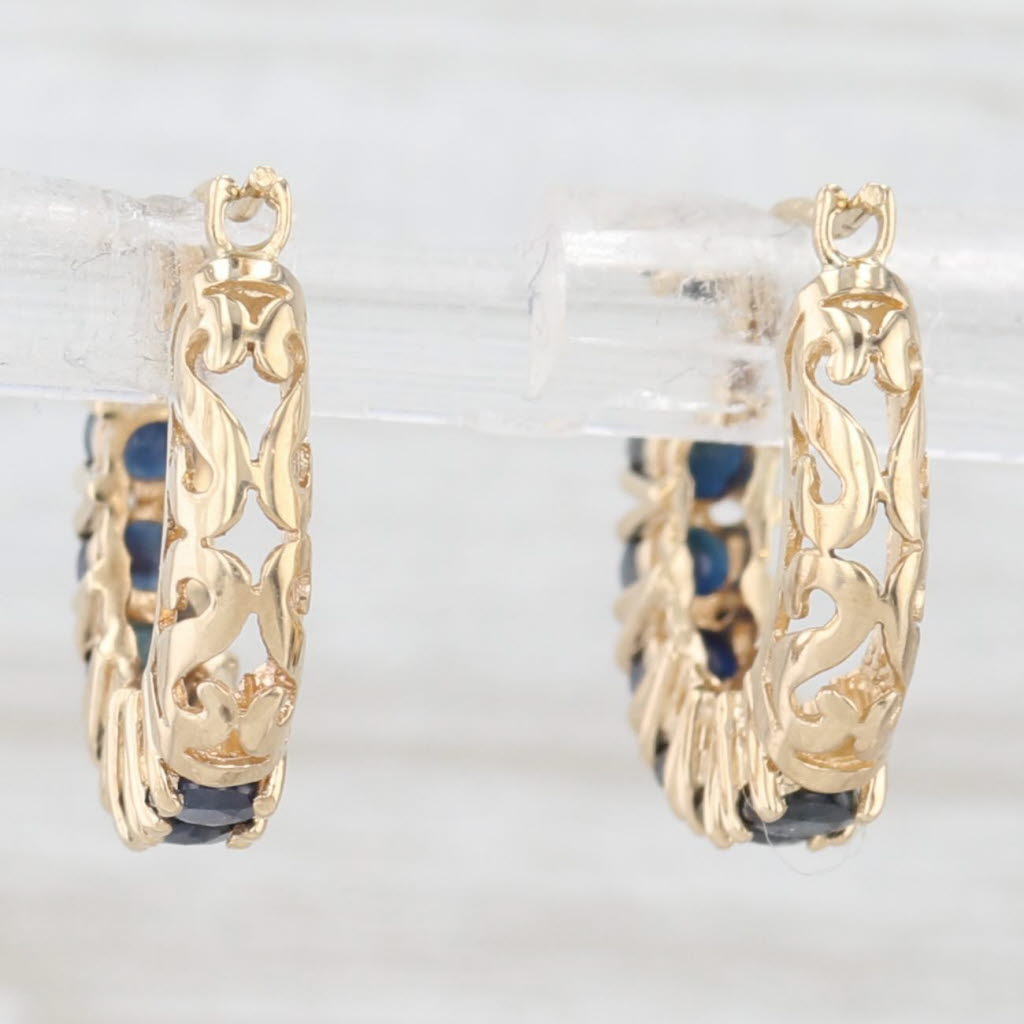 Light Gray 1.20ctw Blue Sapphire Hoop Earrings 14k Yellow Gold Snap Top Round Hoops
