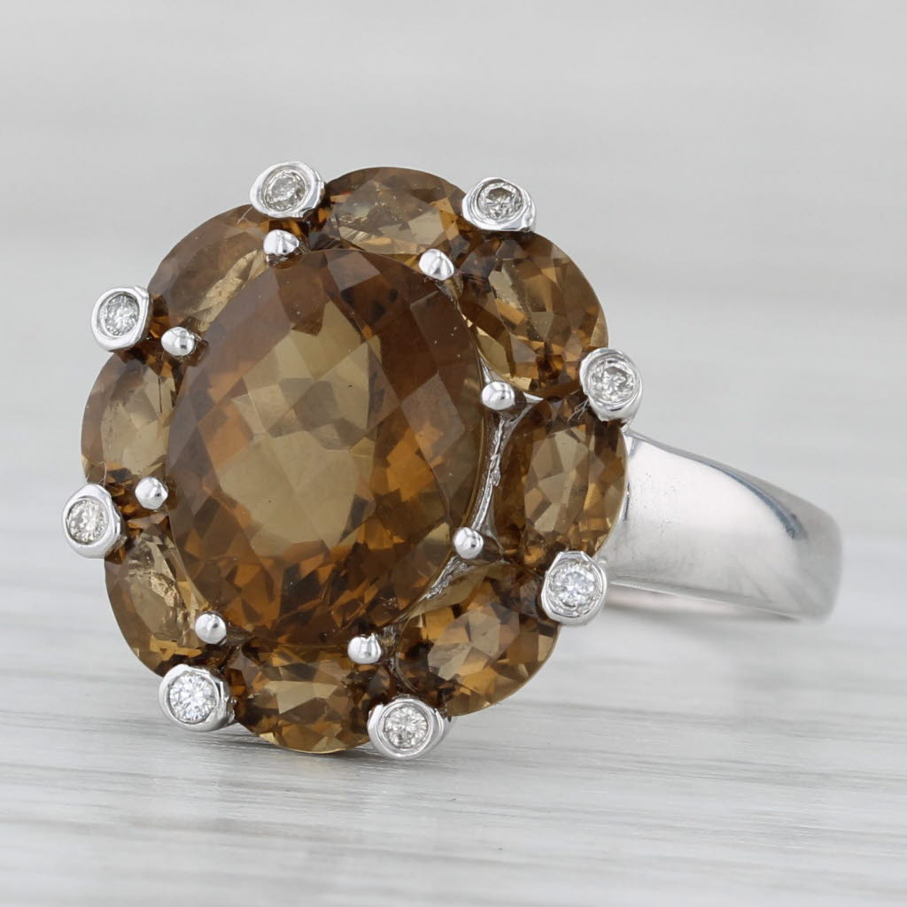 Light Gray 5.87ctw Brown Citrine Flower Diamond Ring 14k White Gold Cocktail Size 9.25