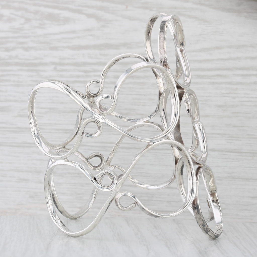 Light Gray Open Work Cuff Bracelet Sterling Silver Mexico 7" Statement