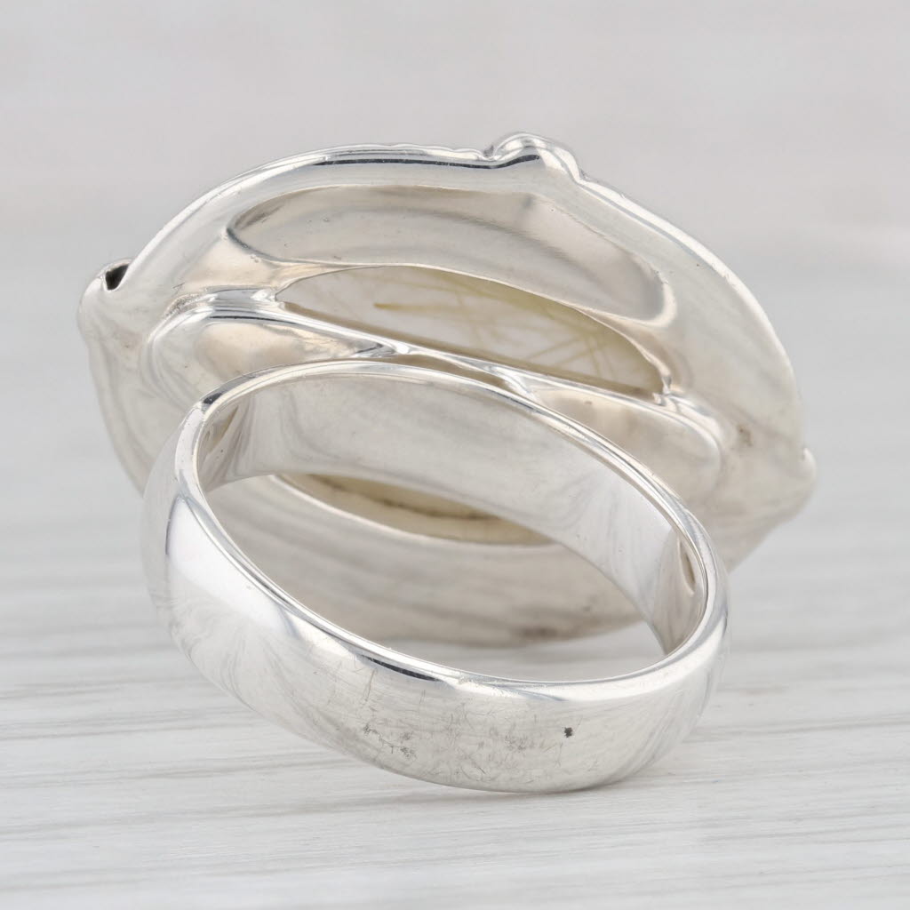 Gray Rutilated Quartz Oval Cabochon Ring Sterling Silver Size 6.75 Statement