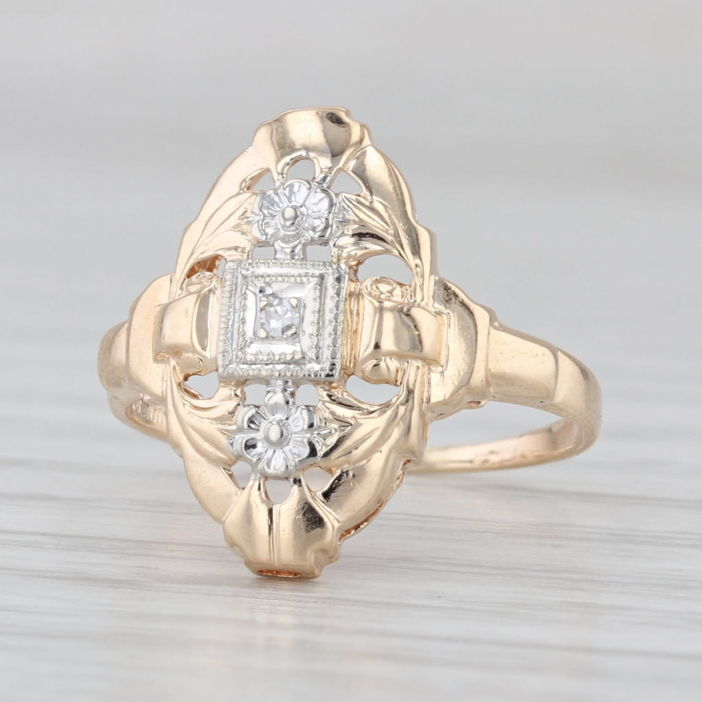 Vintage Floral Diamond Ring 14k Yellow Gold Size 5.25 Wedding Bells