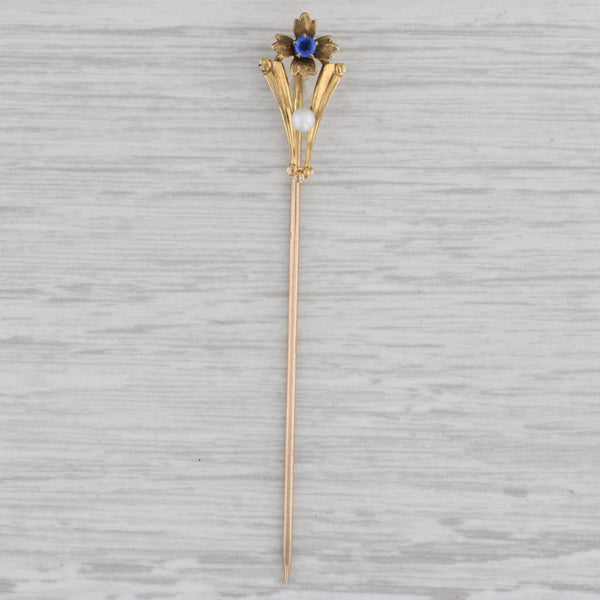 Antique Lab Created Sapphire Pearl Flower Stickpin 10k Yellow Gold Floral