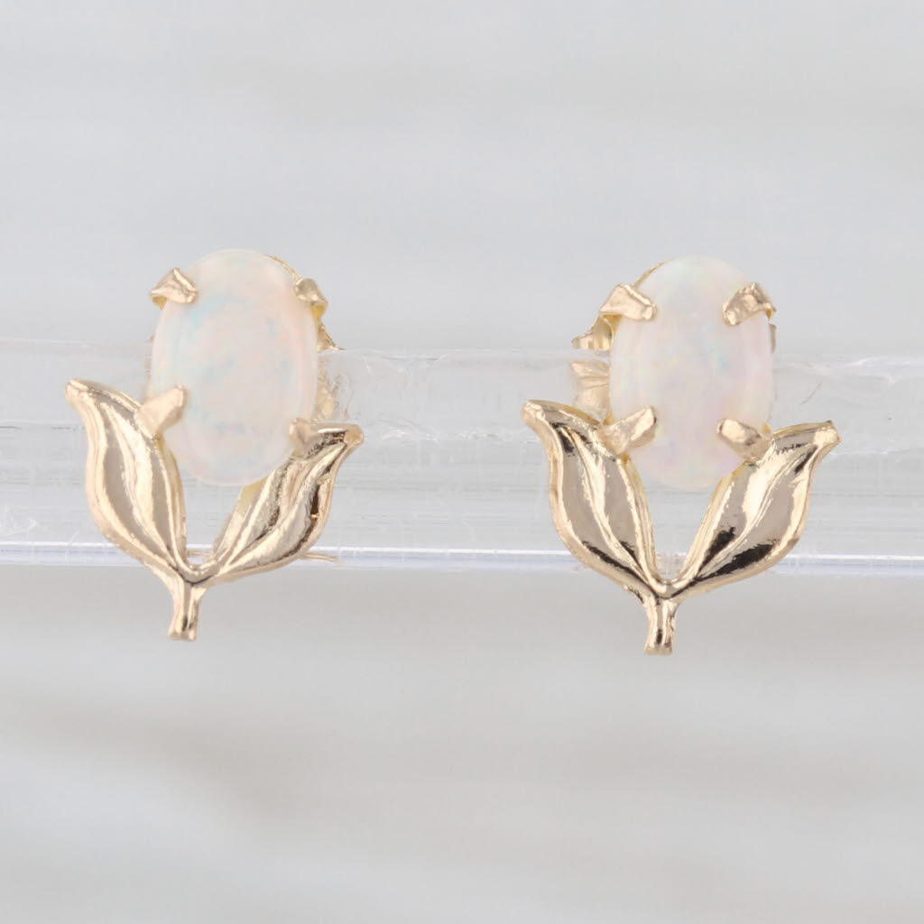 Oval Cabochon Opal Flower Stud Earrings 14k Yellow Gold Solitaire Studs