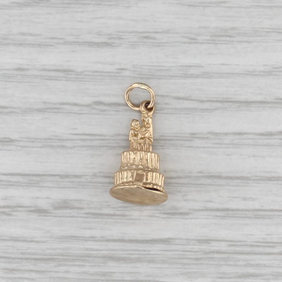Vintage Bride Groom Wedding Cake Baby Carriage Charm 14k Yellow Gold Pendant