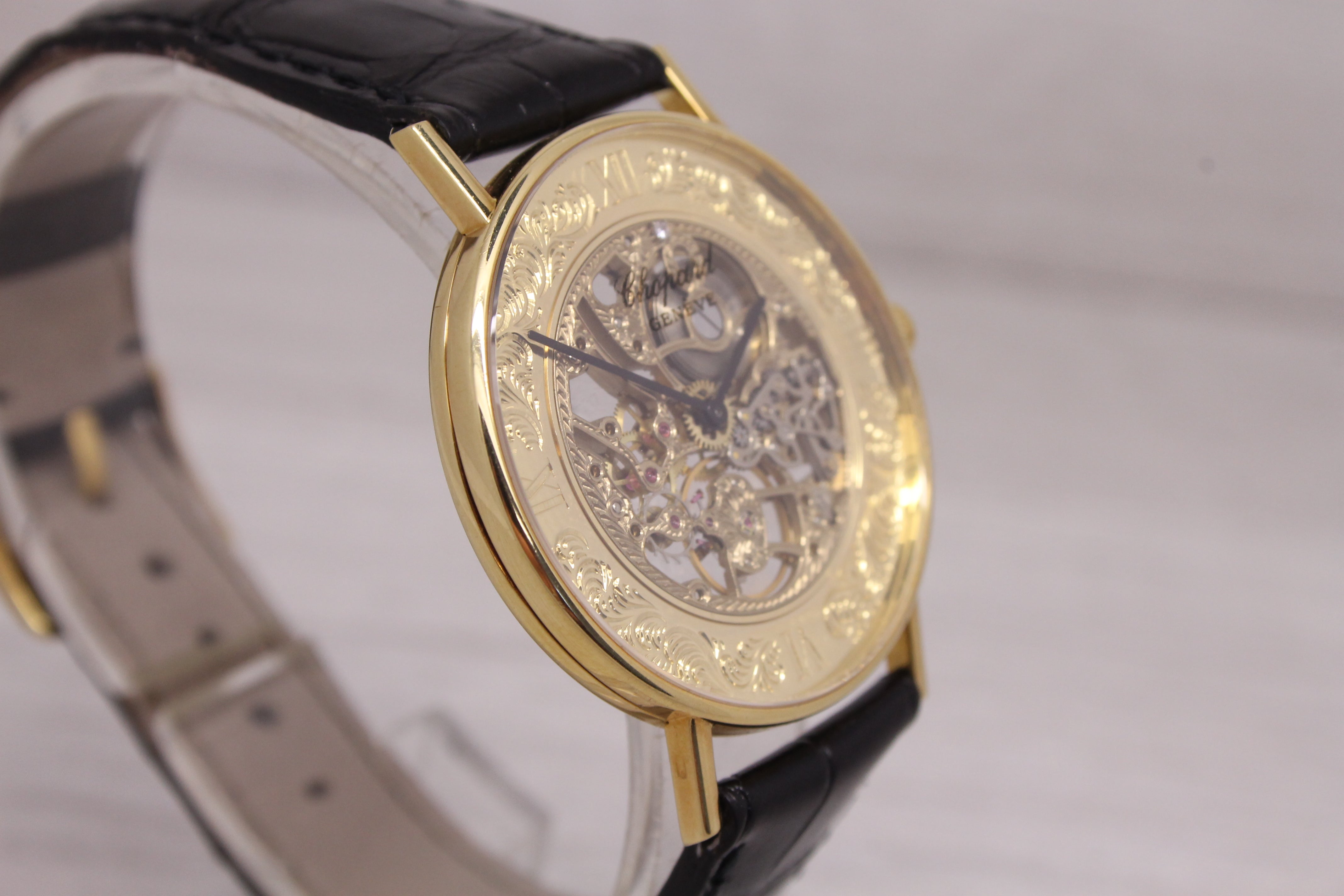 Dark Gray Vintage Chopard 18k Yellow Gold Skeleton Watch ref.161032 w Box & Band Very Rare