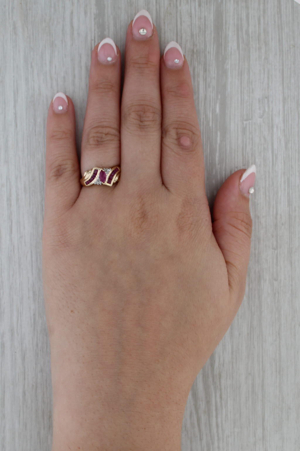 0.55ctw Marquise Ruby Diamond Bypass Ring 10k Yellow Gold Size 7