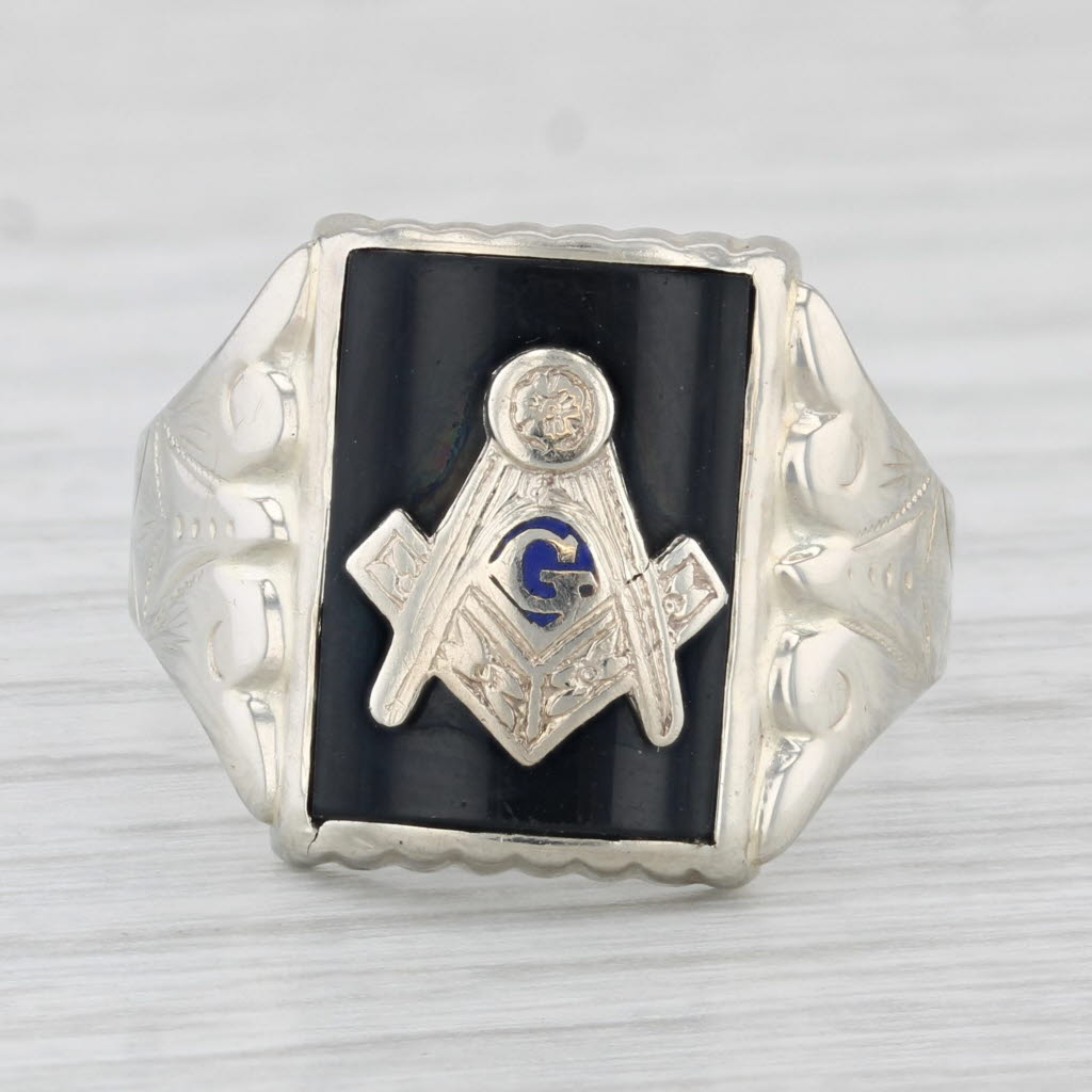 Light Gray Onyx Masonic Signet Ring 14k White Gold Square Compass Blue Lodge Size 9.5