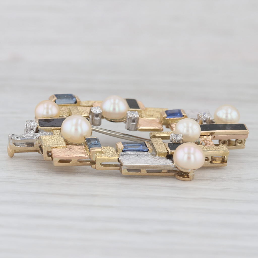 Light Gray Diamond Blue Sapphire Cultured Pearl Brooch 18k Yellow Gold Pin