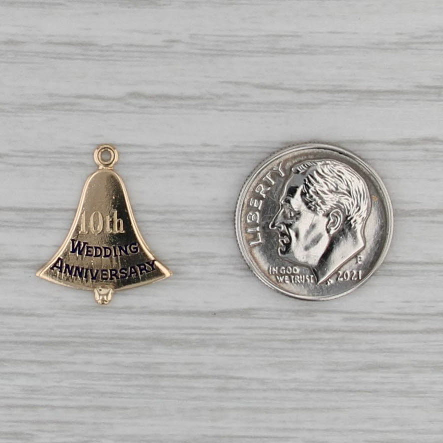 Vintage 10th Wedding Anniversary Bell Charm 14k Gold Enamel Engraved Pendant