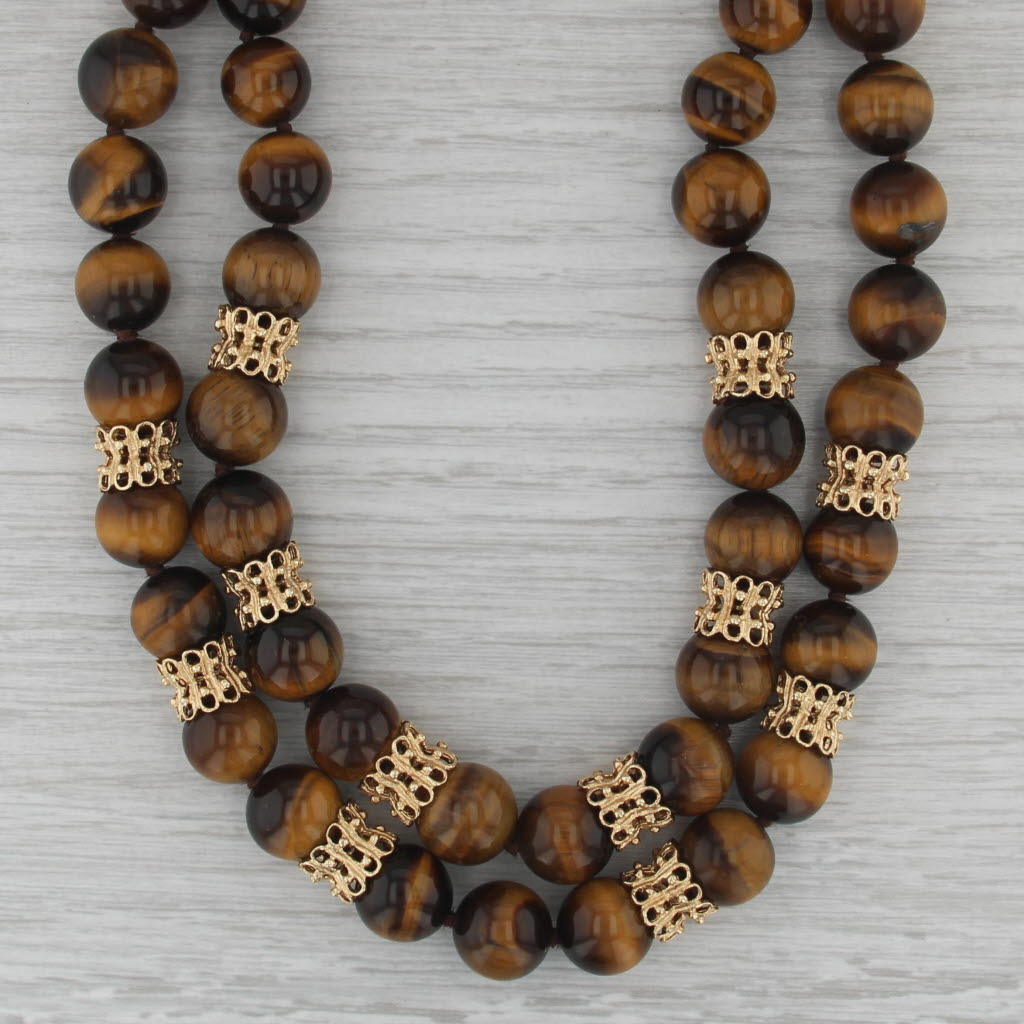 Vintage Tiger's Eye Double Strand Bead Necklace 14k Gold Statement 18"