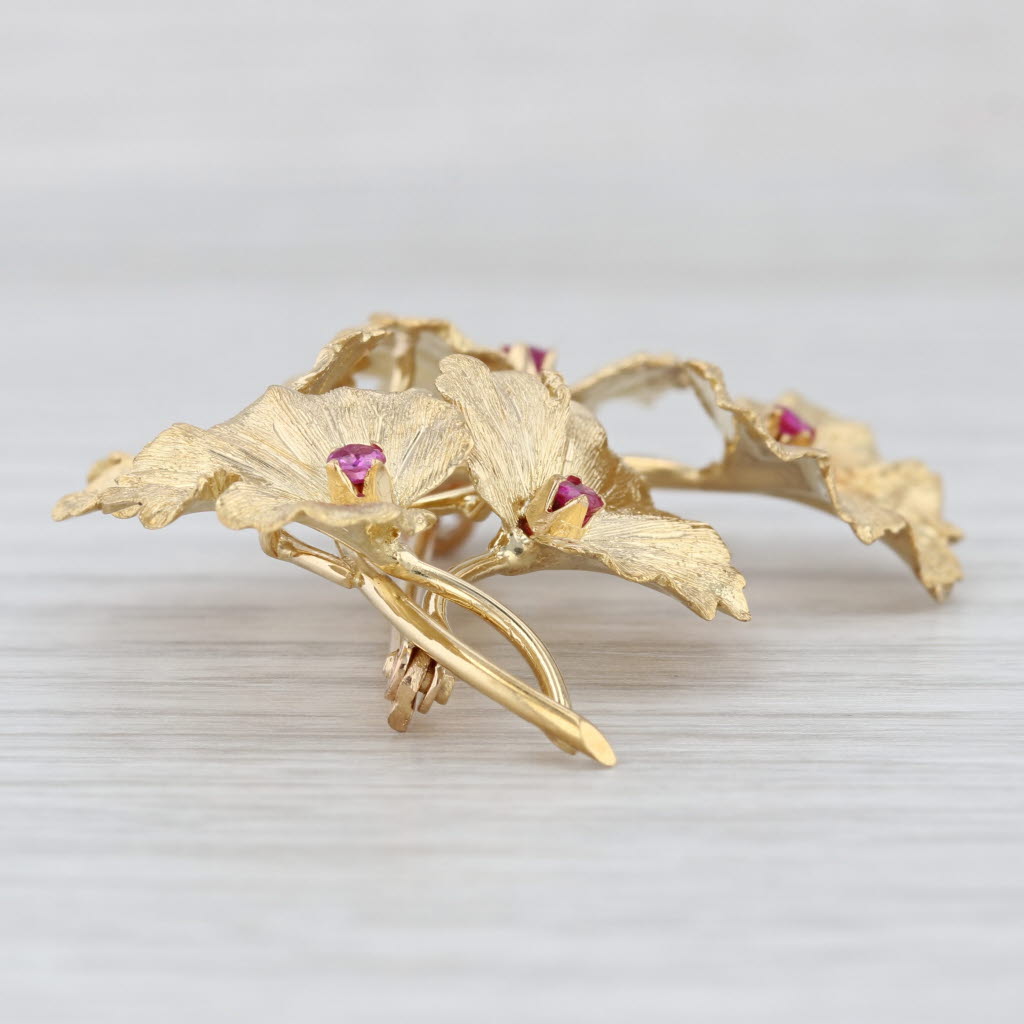 Tiffany & Co 0.25ctw Ruby Flower Brooch 18k Yellow Gold Vintage Floral Pin