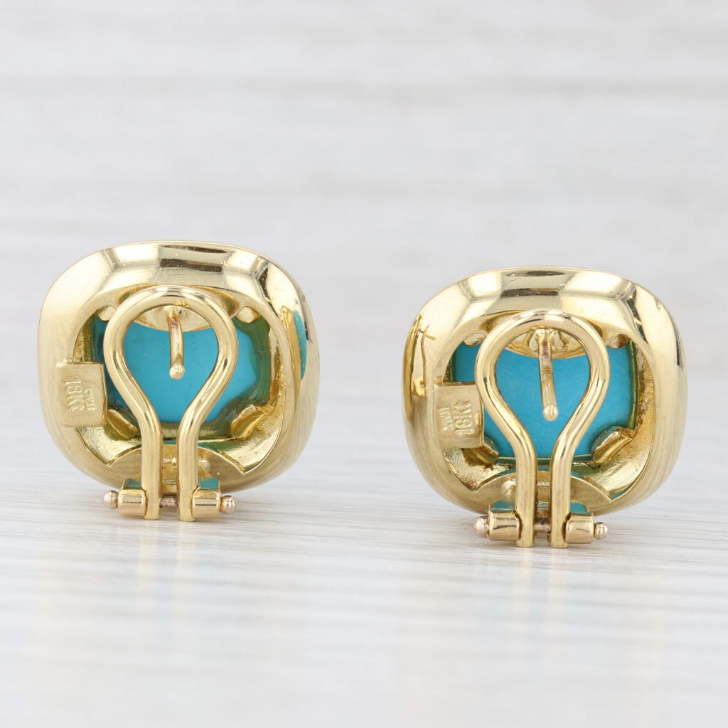 Light Gray Italian Turquoise Cabochon Earrings 18k Yellow Gold Omega Back Drops