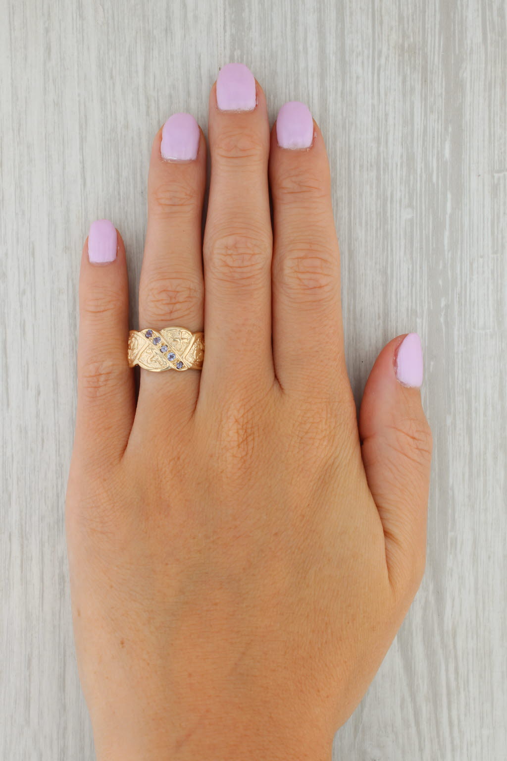 Gray 0.18ctw Tanzanite Egyptian Themed Ring 14k Yellow Gold Size 7.75 Figural Vintage