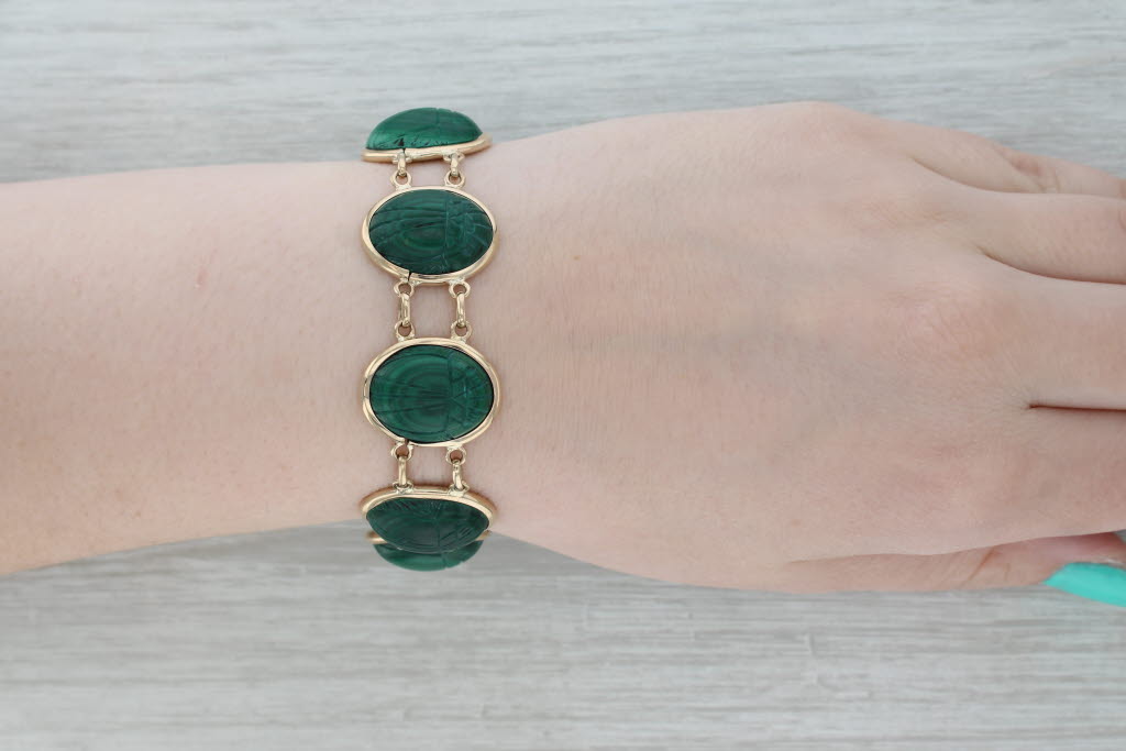 Gray Scarab Carved Green Malachite Bracelet 14k Yellow Gold 7" 22mm
