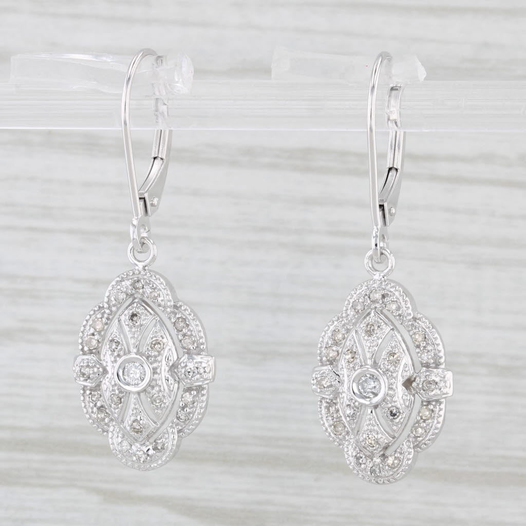 Light Gray 0.25ctw Diamond Dangle Earrings 14k White Gold Ornate Openwork Lever Backs