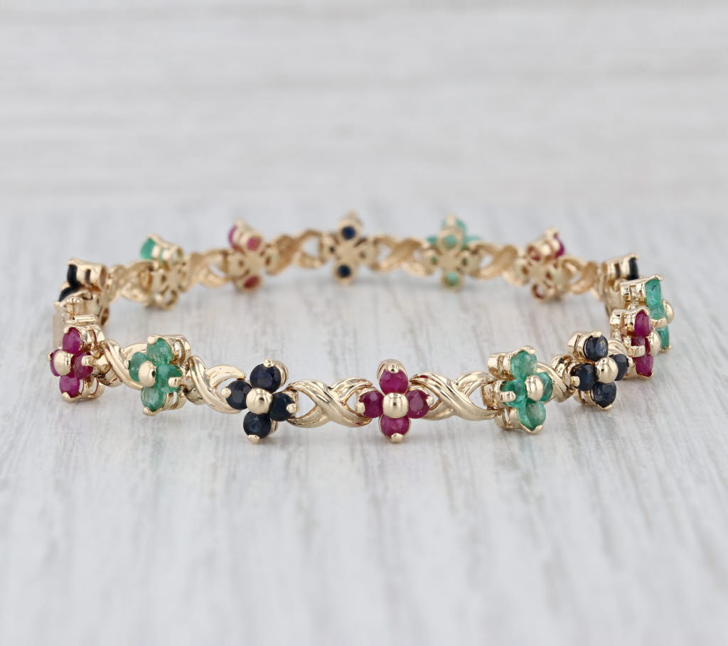 4.84ctw Ruby Sapphire Emerald Flower Tennis Bracelet 14k Yellow Gold 7"