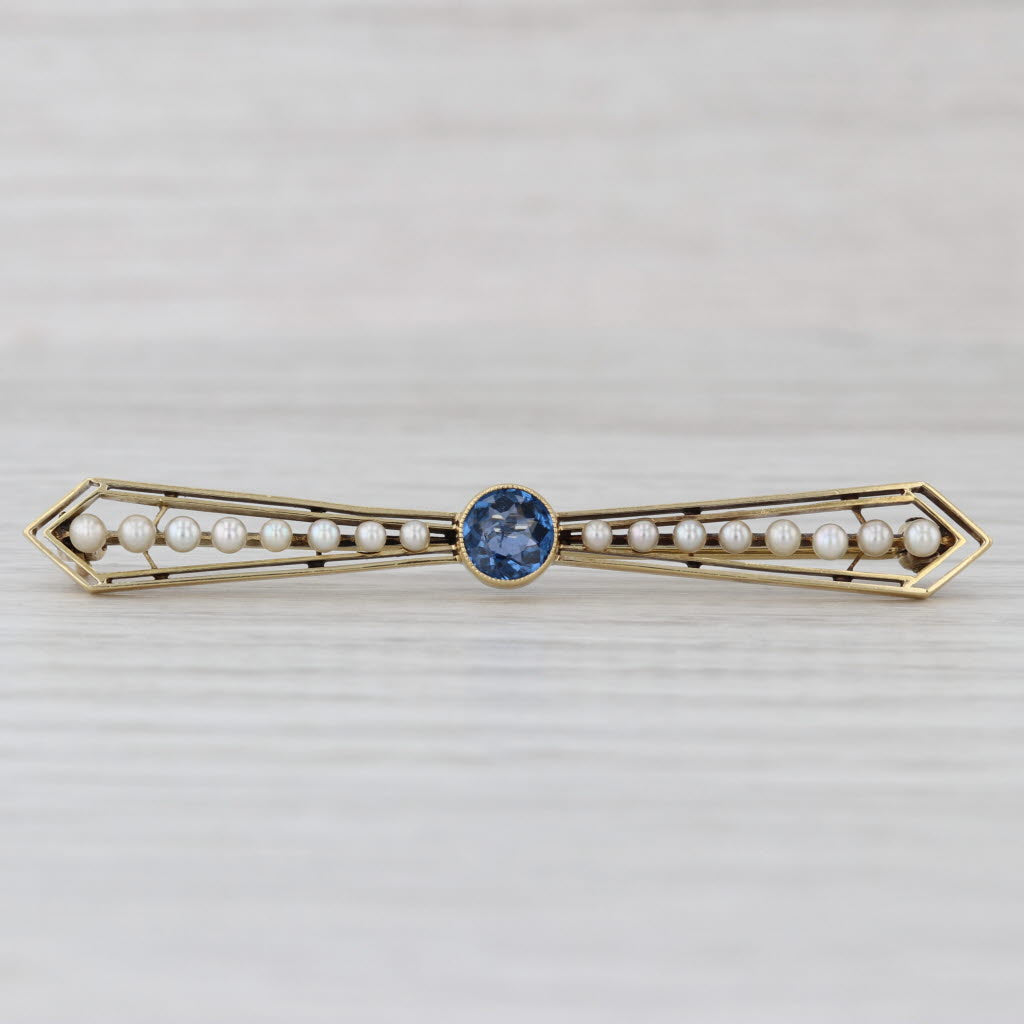 Vintage Lab Created Sapphire Pearl Bar Pin 14k Yellow Gold Brooch