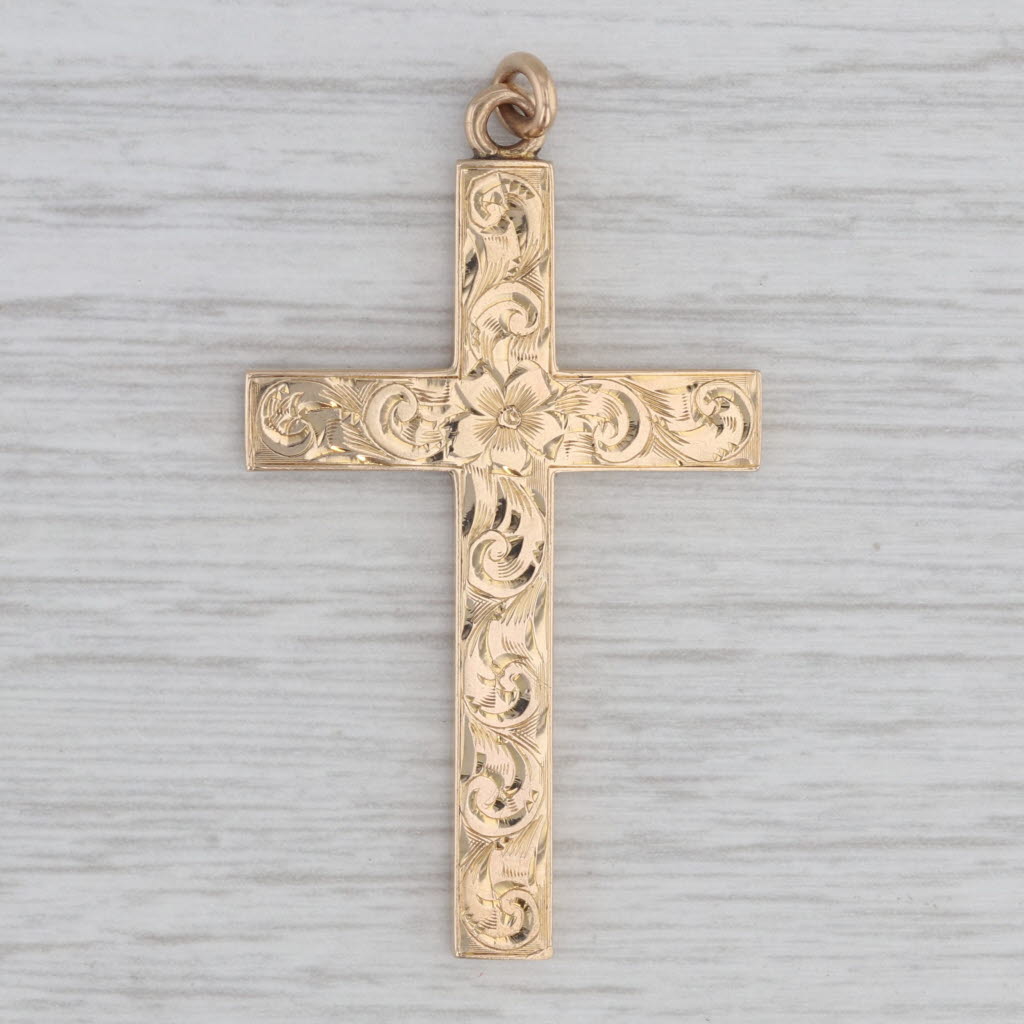 Gray Antique Floral Hand Engraved Cross Pendant 10k Yellow Gold Reversible Engravable