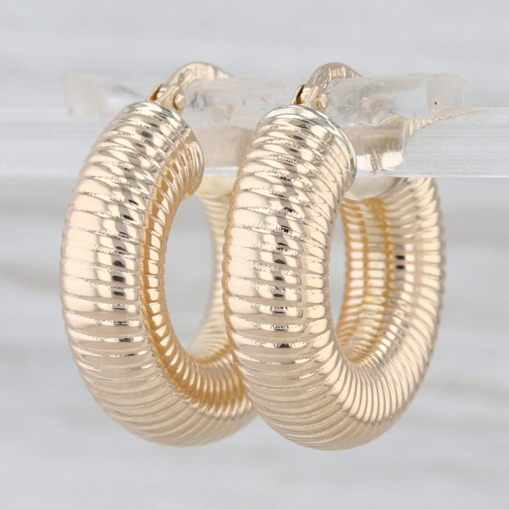 Coined Etched Hoop Earrings 14k Yellow Gold Snap Top Round Hoops