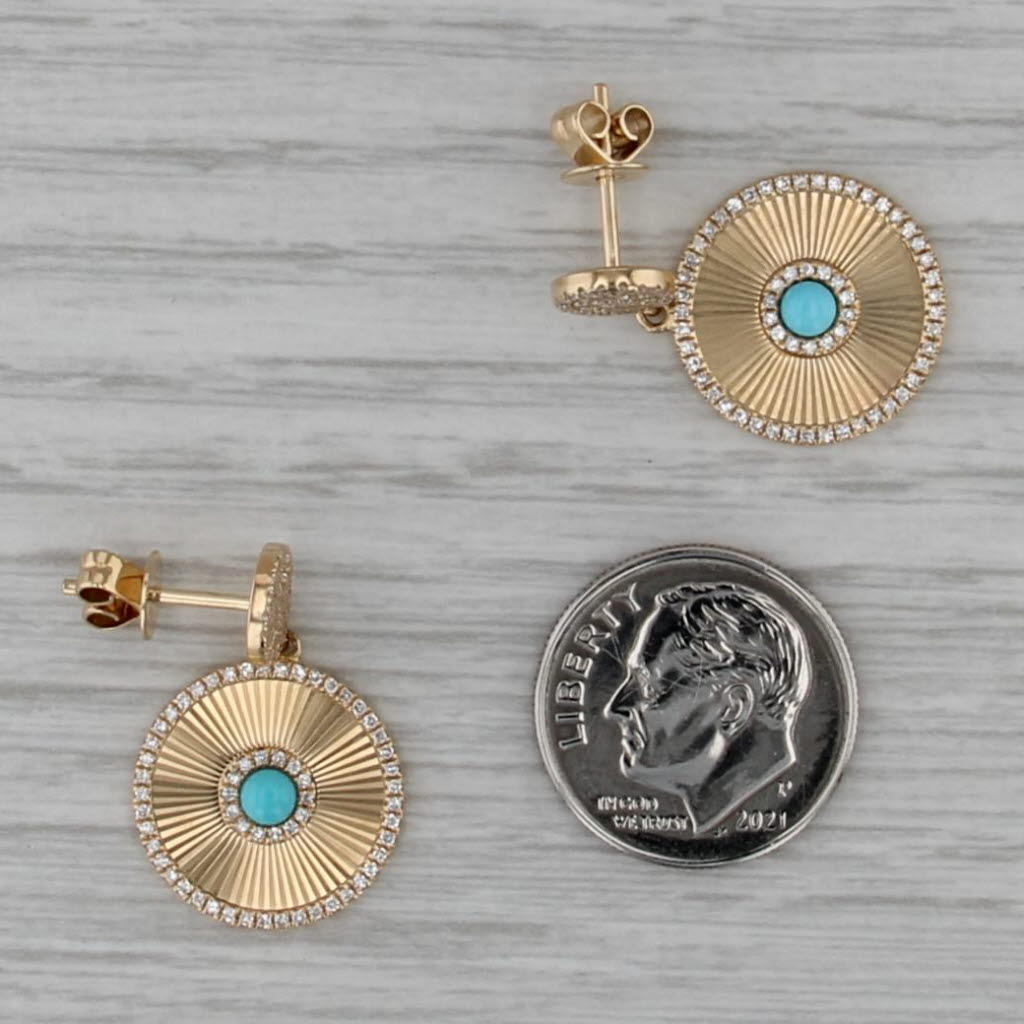 New Turquoise 0.38ctw Diamond Rayed Disc Dangle Earrings 14k Yellow Gold