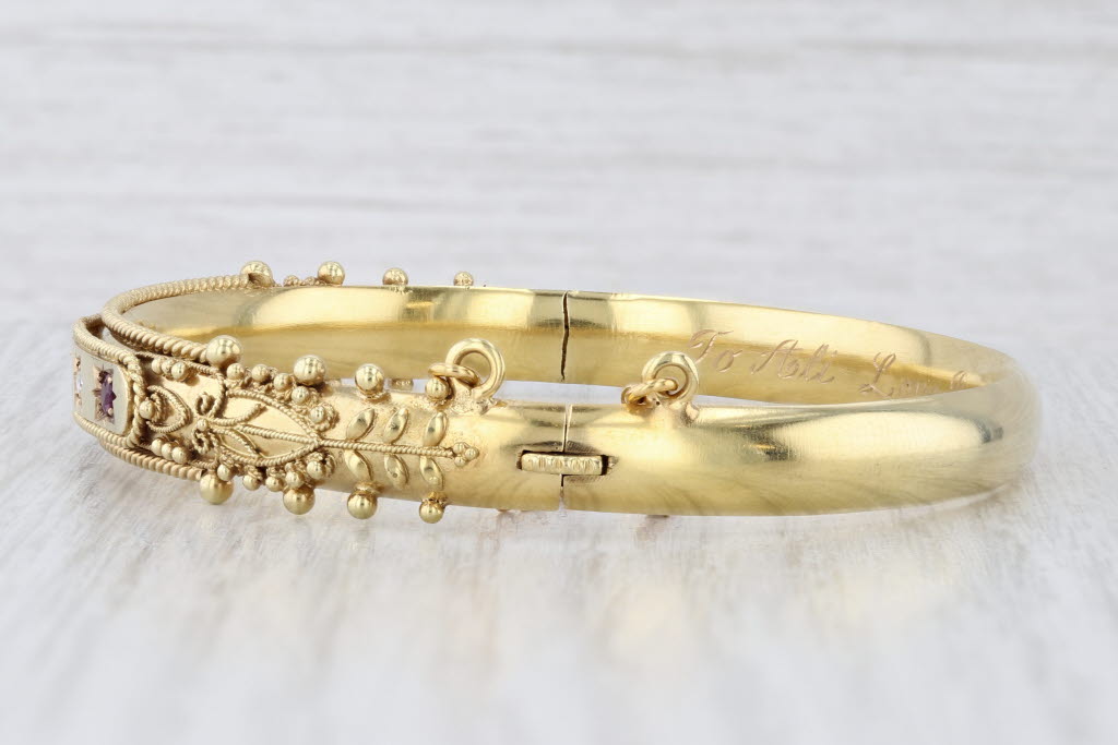 Light Gray Antique Ruby Diamond Ornate Bangle Bracelet 15k Yellow Gold 6.75" Engraved