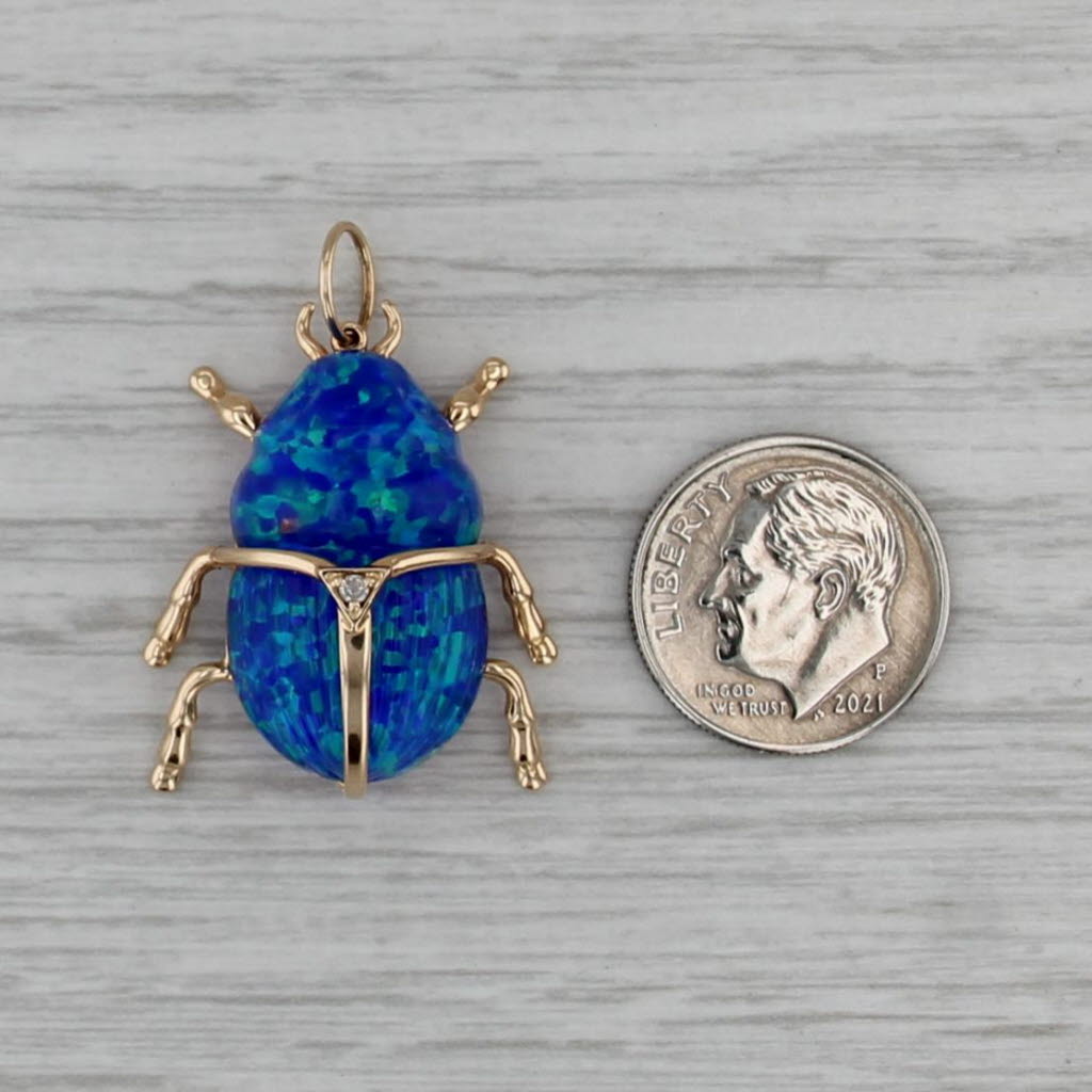 Blue Green Lab Created Opal Scarab Beetle Pendant 14k Yellow Gold Statement