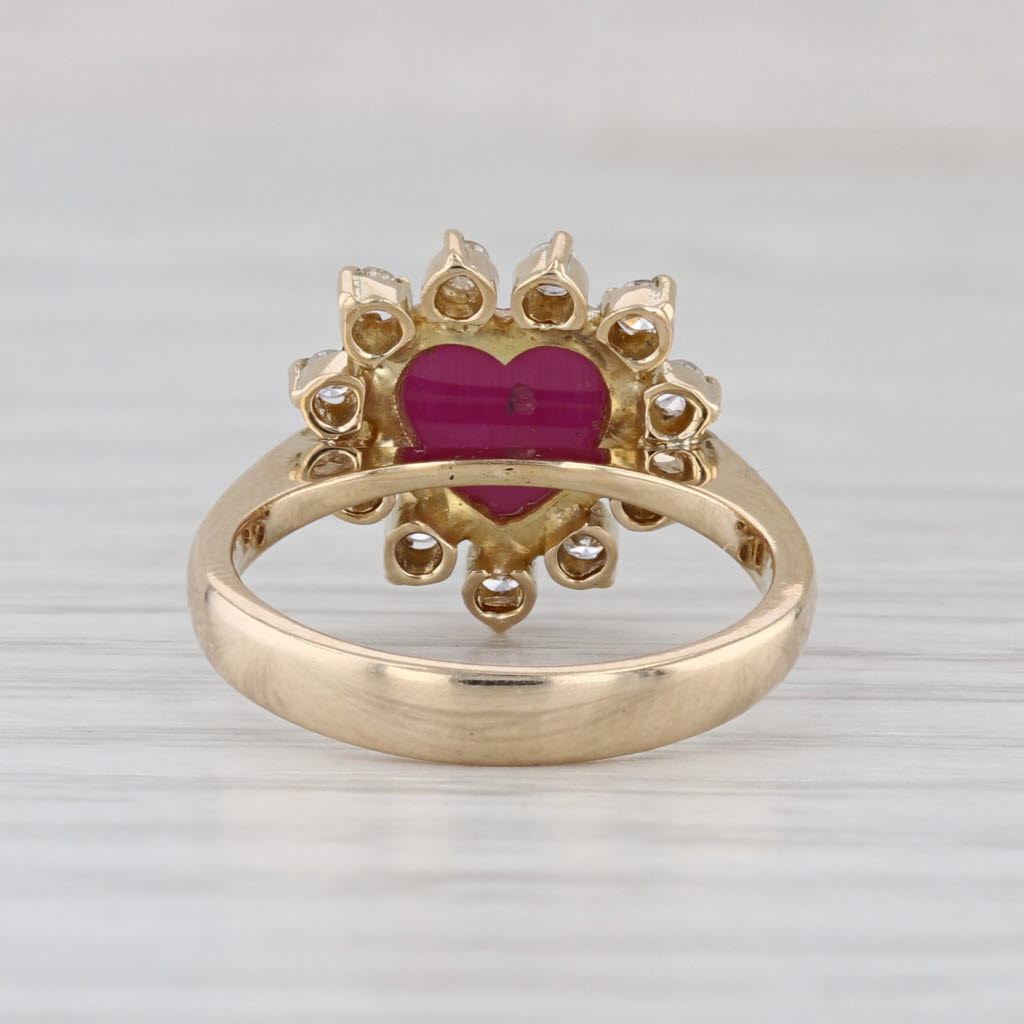 Lab Created Star Ruby Heart Cabochon Diamond Halo Ring 13k Yellow Gold Size 4.5
