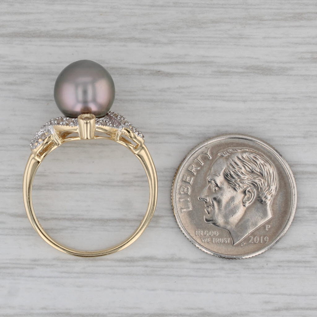 Gray Cultured Black Pearl Diamond Ring 14k Yellow Gold Size 6