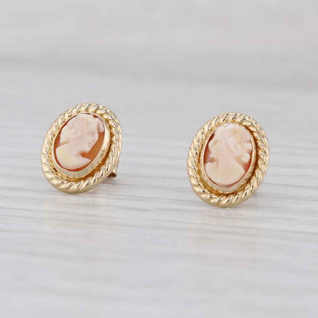 Vintage Carved Shell Cameo Stud Earrings 14k Yellow old Ornate Figural Studs
