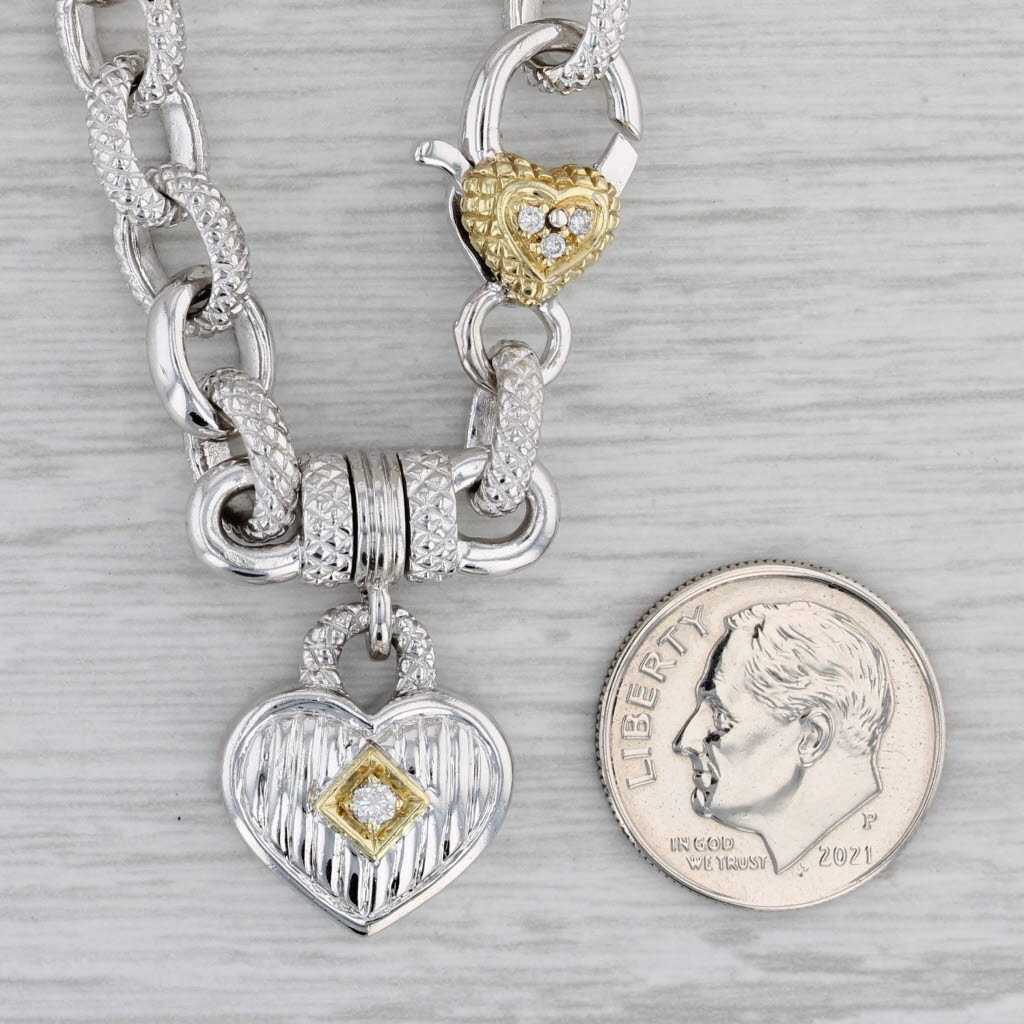 Gray Judith Ripka Diamond Heart Pendant Necklace Sterling Silver 18k Gold 16.5"