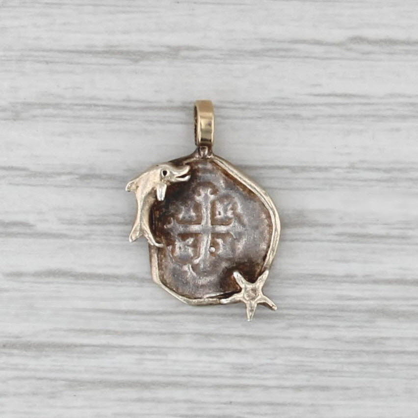 Ancient Treasure Coin Copy Dolphin Frame Pendant Sterling Silver Gold Plated