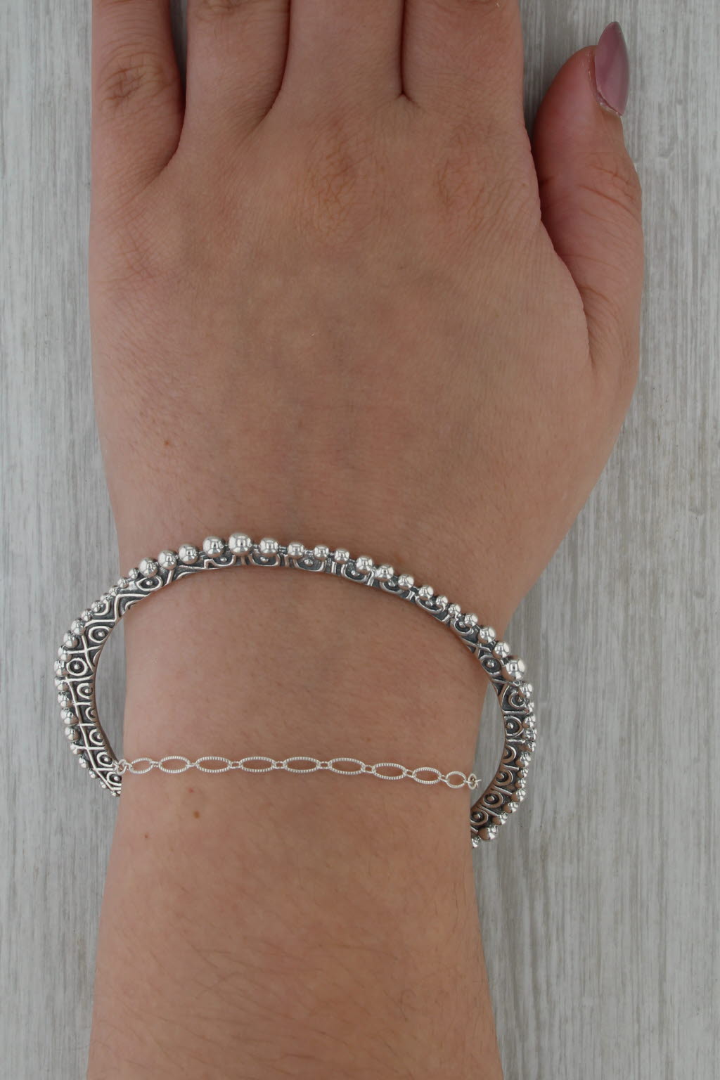 Ornate Bead Accented Bangle Bracelet Sterling Silver 8.5" 3.5mm Stackable