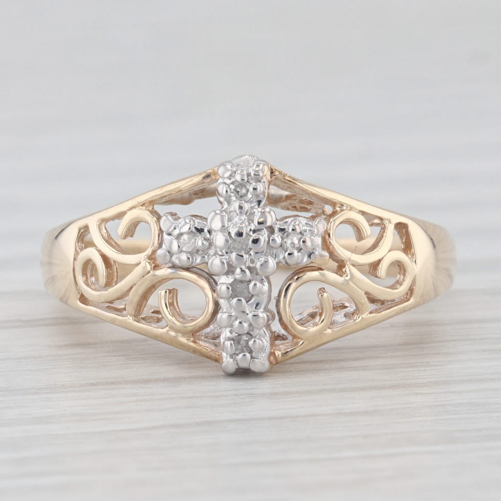 Light Gray Diamond Accented Cross Ring 10k Yellow Gold Size 5.25 Ornate Openwork