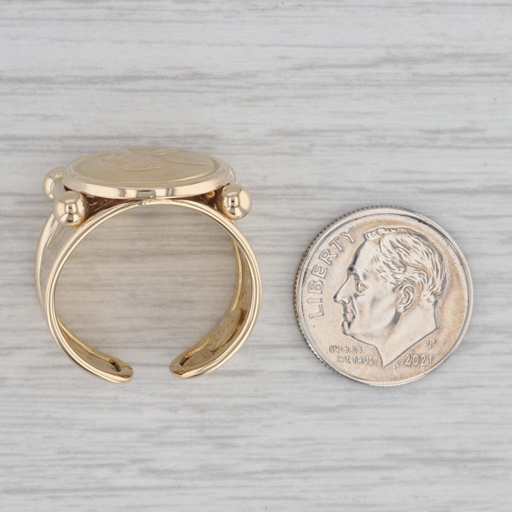 Gray Cherub Guardian Angel Coin Signet Ring 10k Yellow Gold Size 7.5 Adjustable Band