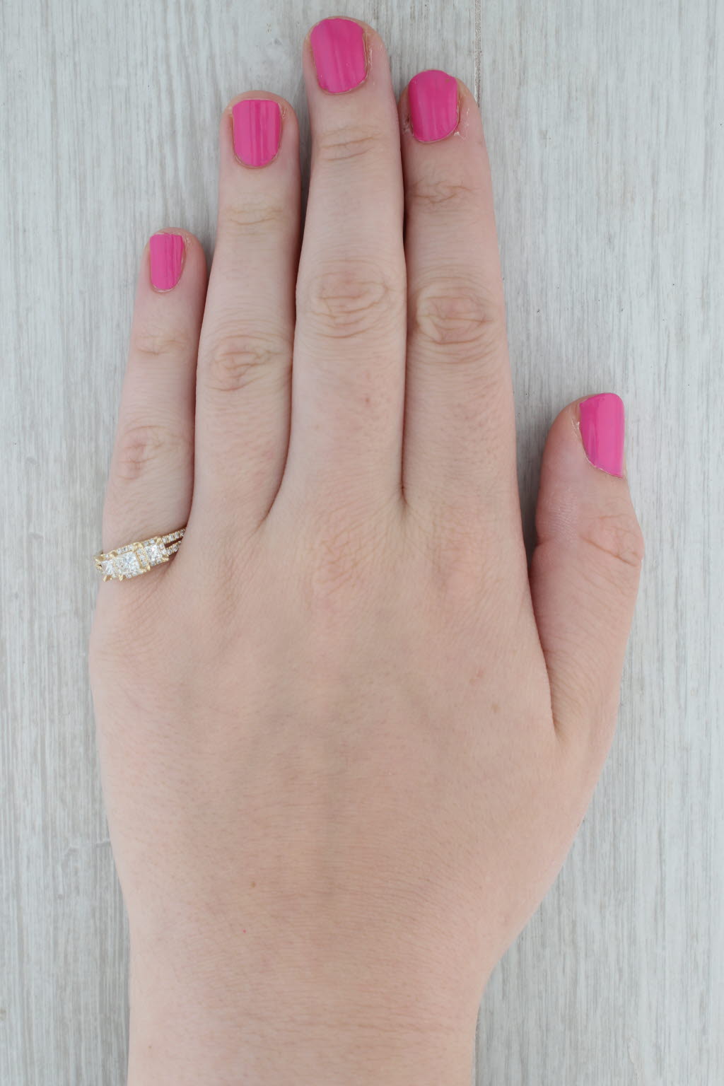 Dark Gray 0.90ctw Princess Diamond Halo 3-Stone Engagement Ring 14k Yellow Gold Size 7