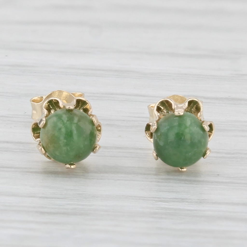Light Gray Green Nephrite Jade Stud Earrings 14k Yellow Gold
