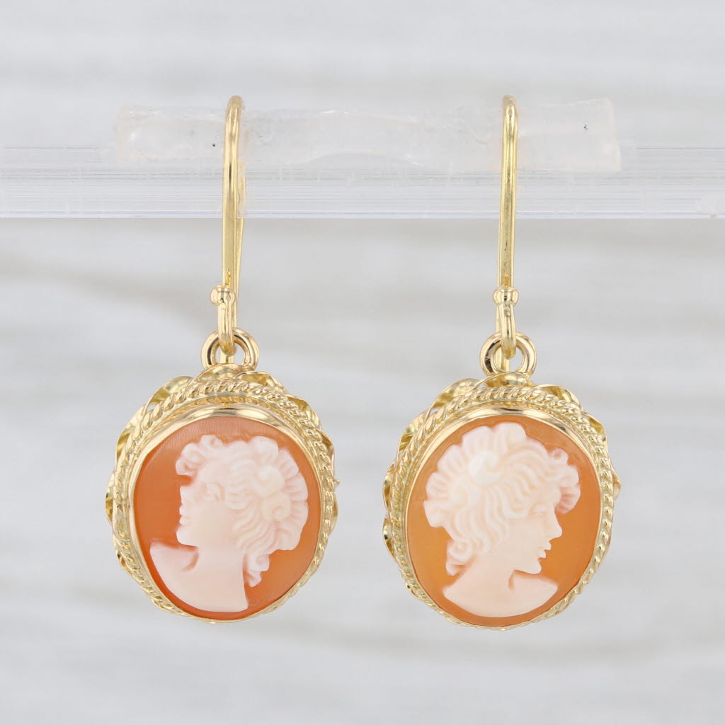 Vintage Carved Shell Cameo Dangle Earrings 18k Yellow Gold Hook Posts