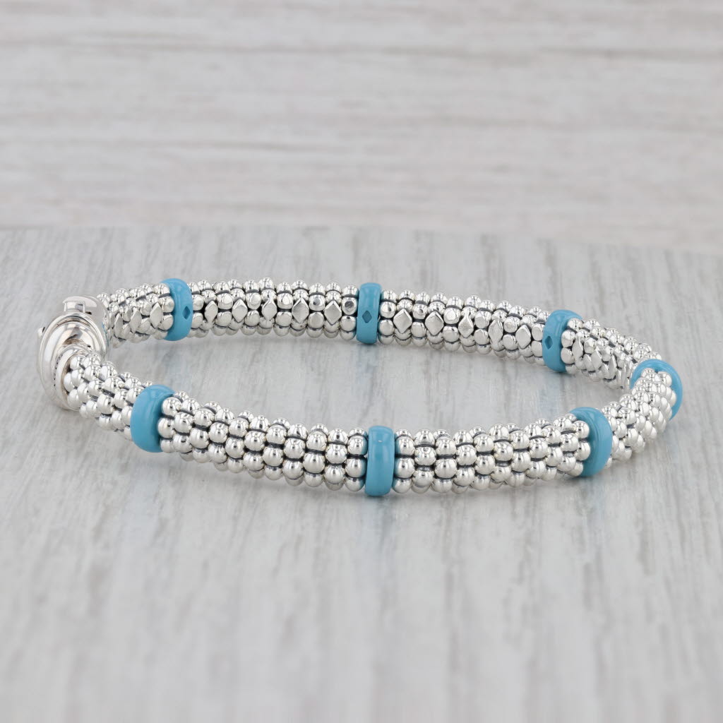 Gray New Lagos Blue Ceramic Station Caviar Bracelet Sterling Silver 6mm Medium Pouch