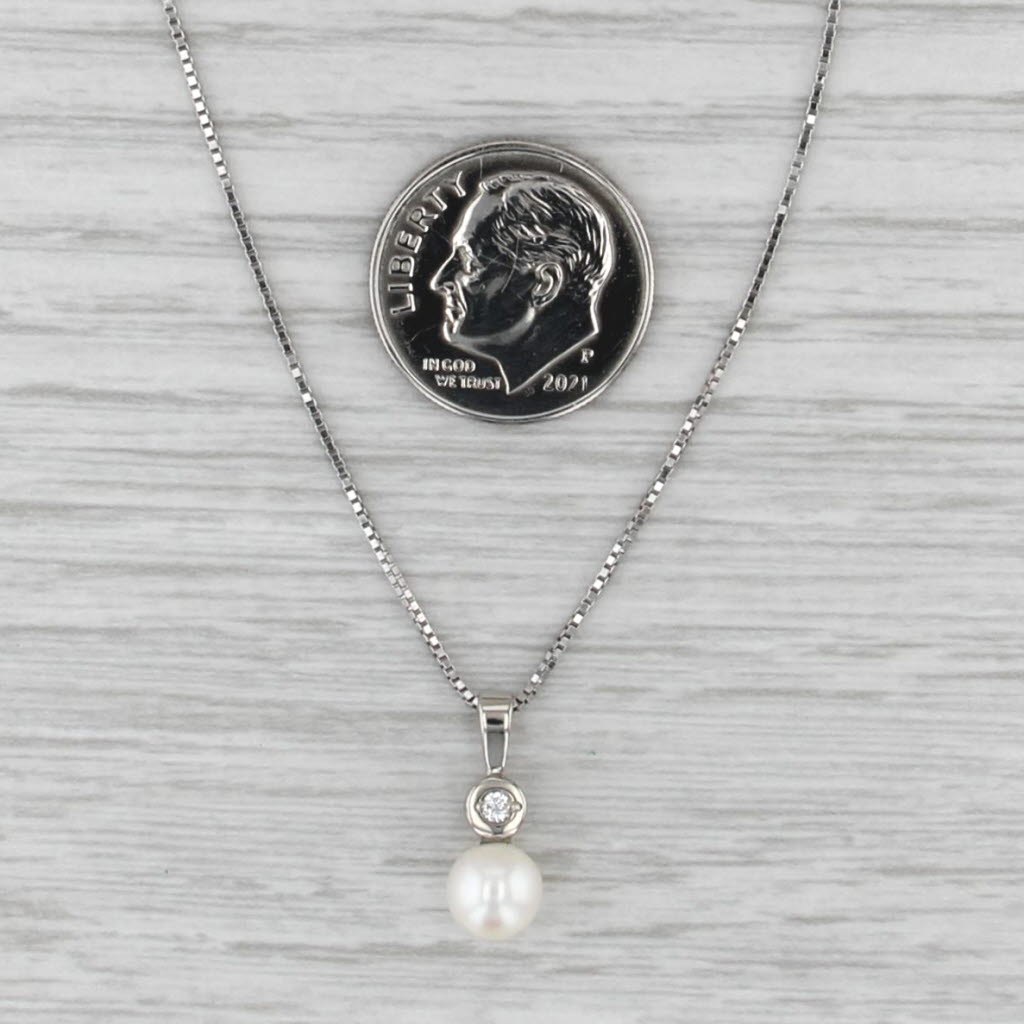 Cultured Pearl Diamond Pendant Necklace 14k White Gold 18" Box Chain