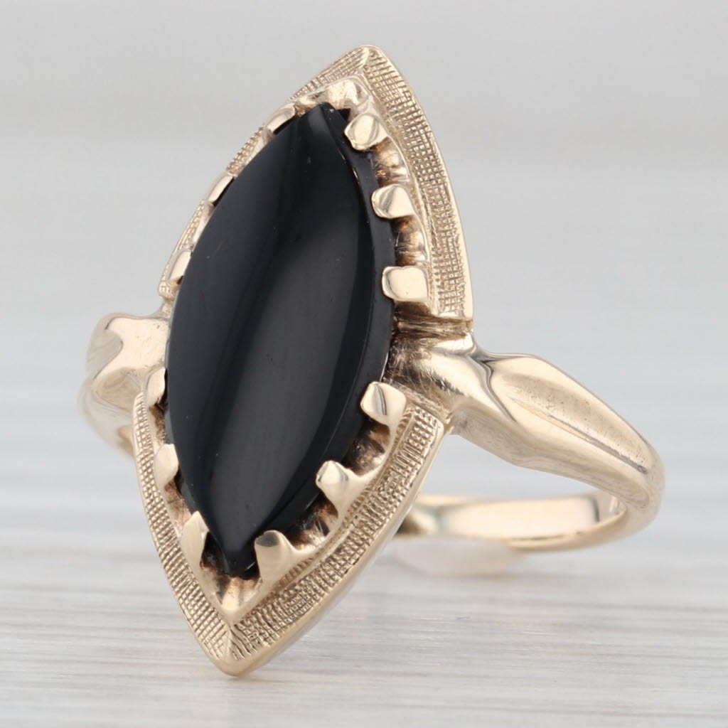 Vintage Onyx Navette Signet Ring 10k Yellow Gold Size 4