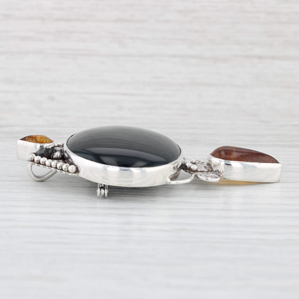 Light Gray Sajen Onyx Amber Statement Brooch Sterling Silver Pendant Pin