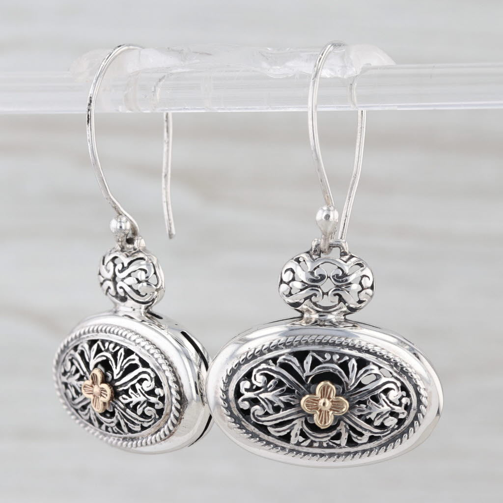 Arts Elegance Ornate Floral Dangle Earrings Sterling Silver 14k Gold Hook Posts