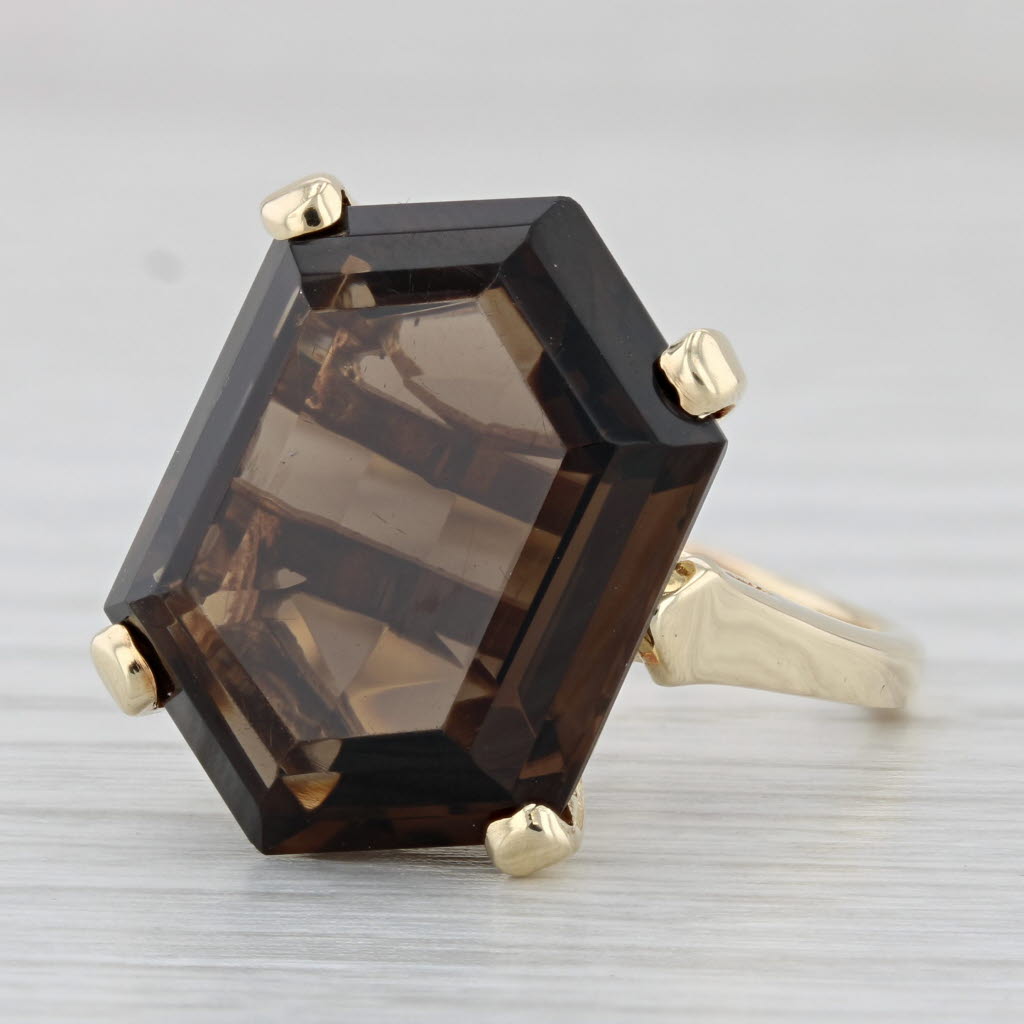 Light Gray 12.25ct Smoky Quartz Solitaire Ring 14k Yellow Gold Size 8.75 Cocktail