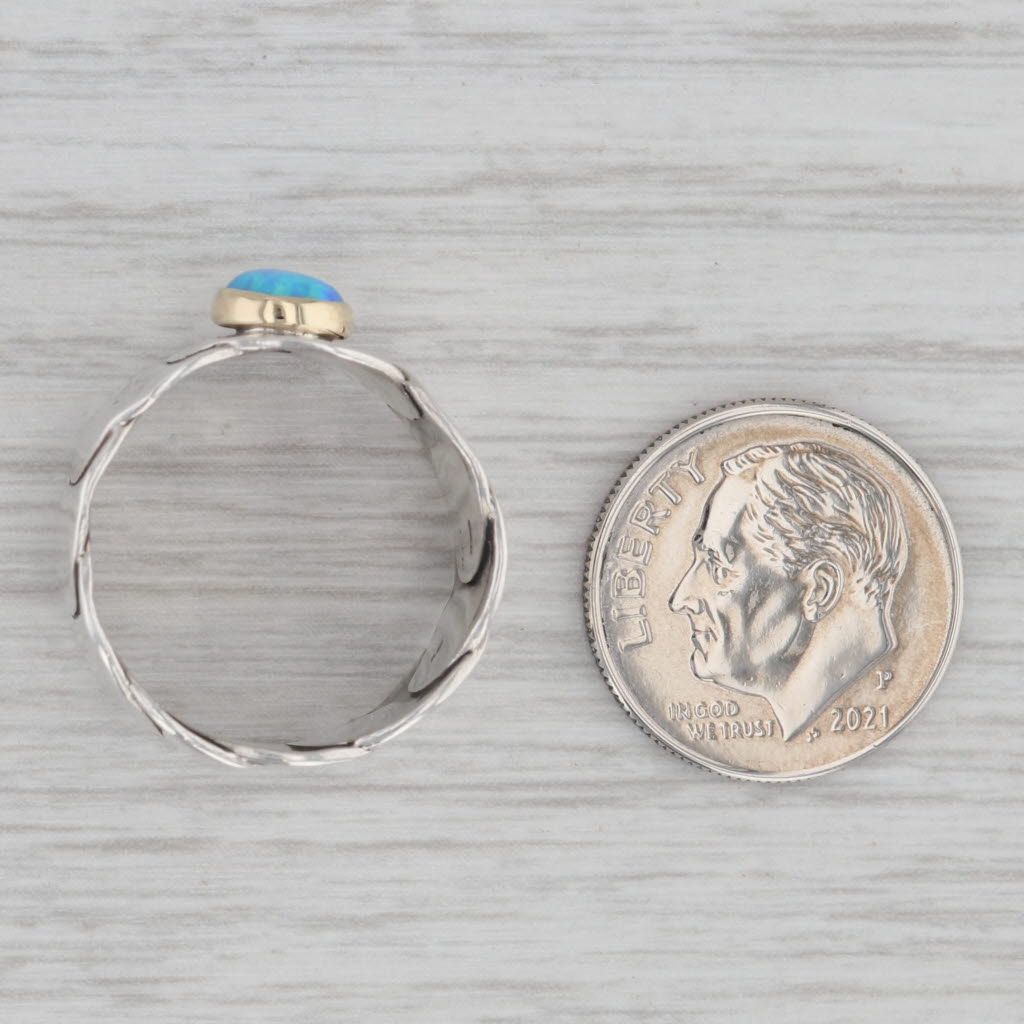 Gray Lab Created Blue Opal Statement Ring Sterling Silver 14k Gold Artisan Signed