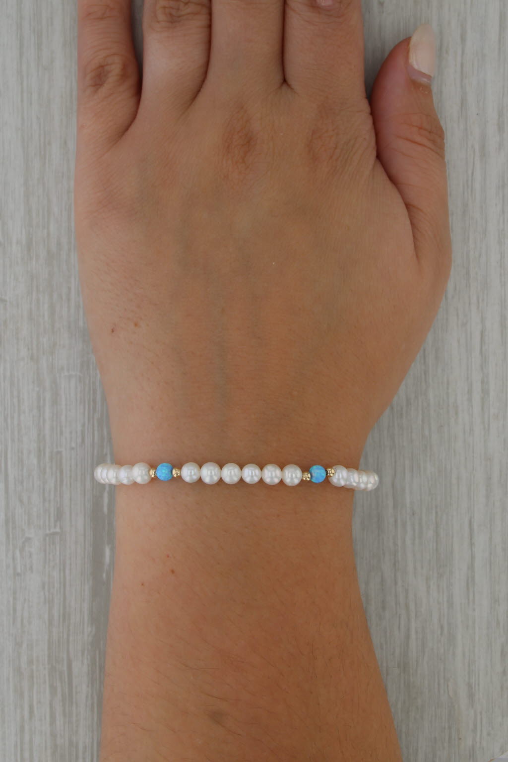 New Cultured Pearl Lab Created Blue Opal Strand Bracelet 6.5" Stretchy