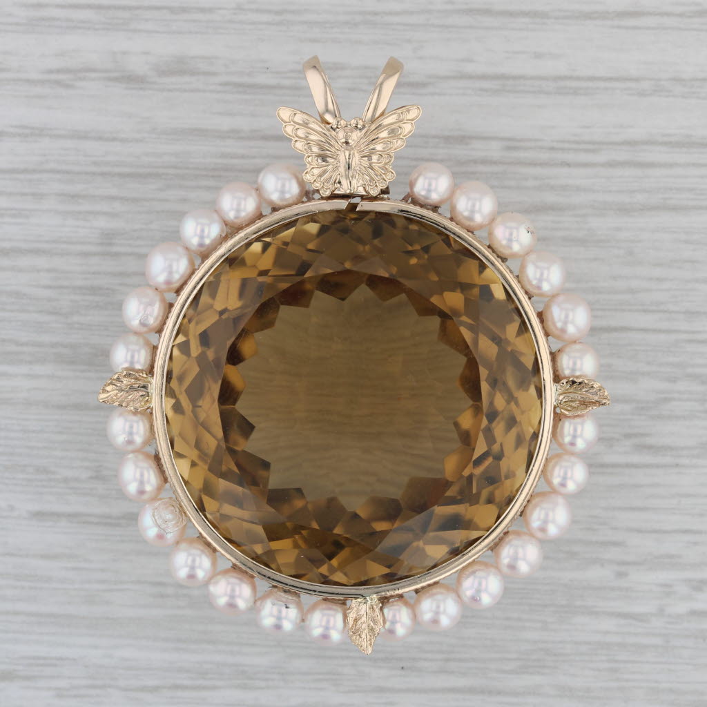 Gray Large 107ct Citrine Pearl Halo Butterfly Pendant 14k Yellow Gold Statement
