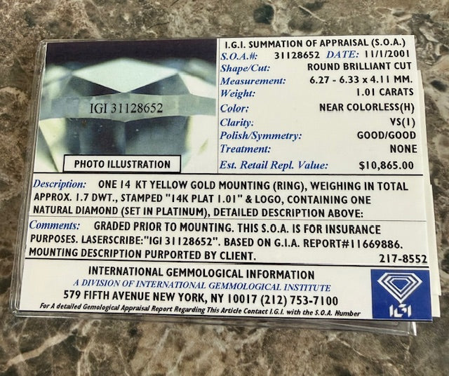 1.11ctw VS1 Round Diamond Engagement Ring Platinum Size 6 IGI Card