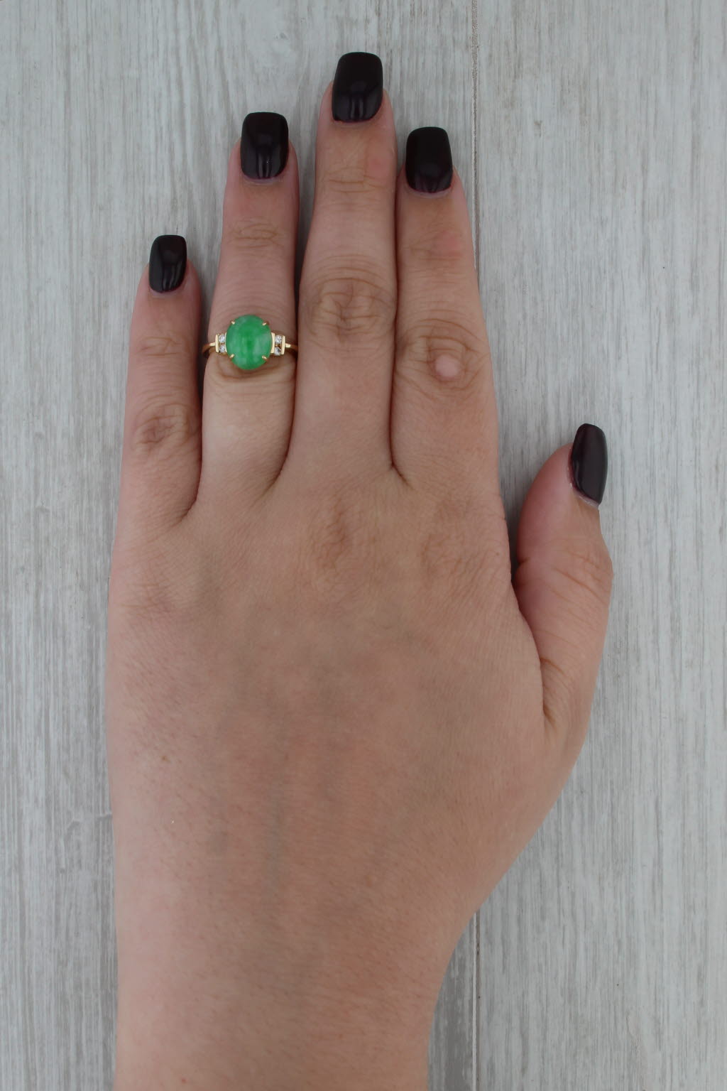 Oval Cabochon Green Jadeite Jade Diamond Ring 18k Yellow Gold Size 5.5