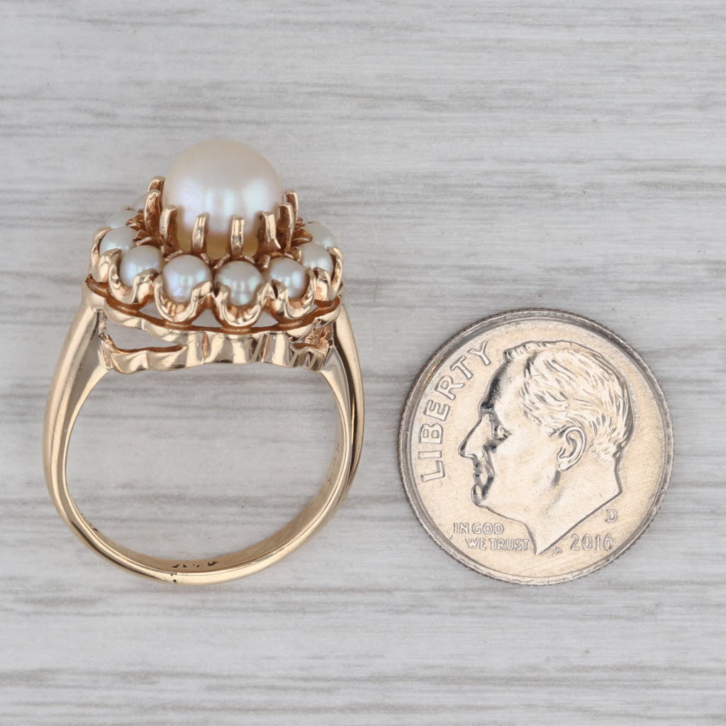 Vintage Cultured Pearl Halo Ring 14k Yellow Gold Size 7 Cocktail